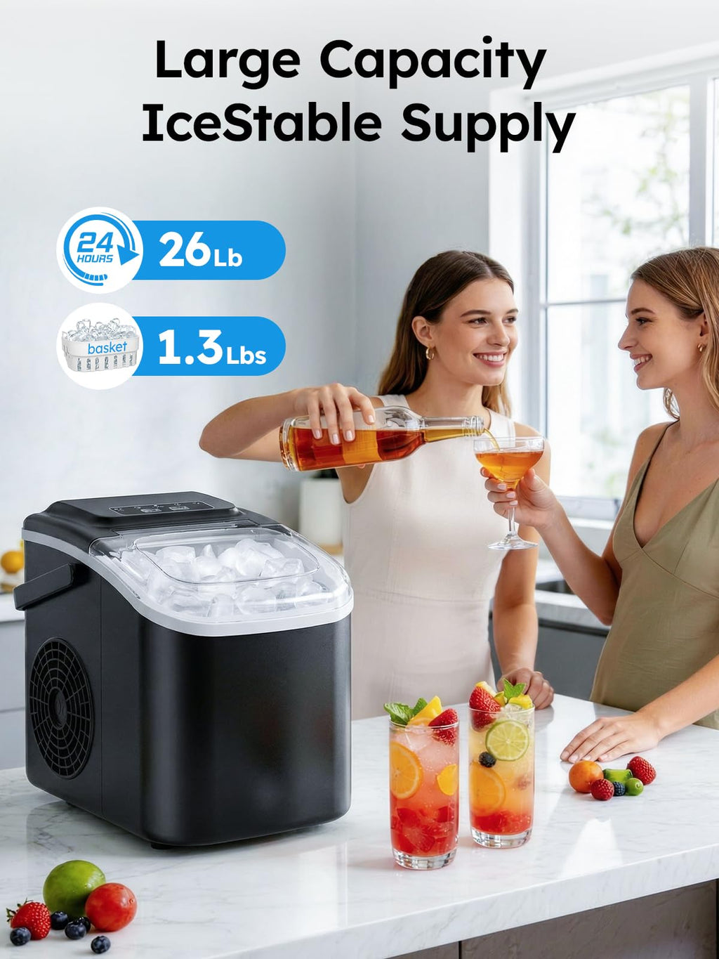 Countertop Ice Maker, 26lbs/24H Portable Ice Maker with Handle, 8 Ice Cubes Ready in 6 Mins, Self-Cleaning Ice Makers Countertop for Home/Party/Travel/Camping/Bar