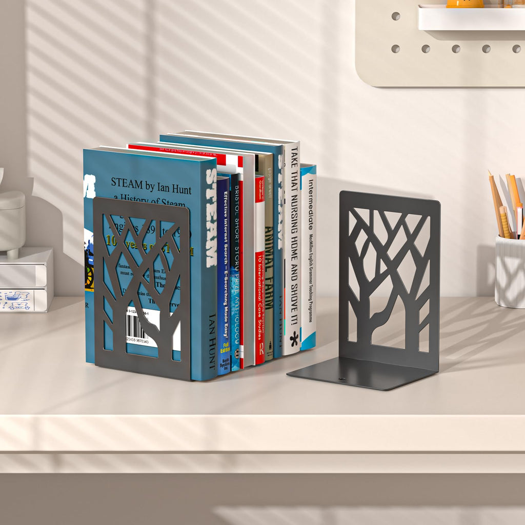 4-Piece Modern Metal Bookends for Shelves, Black Tree Book Ends for Books, Decorative Book Organizer for Desk, Non-Skid Shelve Bookends for Home Office
