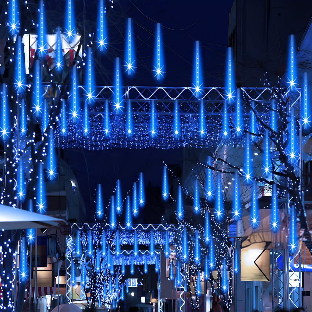 Adecorty Outdoor Christmas Lights Meteor Shower Lights UL Certified 8 Tubes 192 LED Snow Falling Rain Drop Lights Dripping Icicle String Lights for Christmas Tree Decorations Xmas Wedding Party, Blue