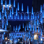 Adecorty Outdoor Christmas Lights Meteor Shower Lights UL Certified 8 Tubes 192 LED Snow Falling Rain Drop Lights Dripping Icicle String Lights for Christmas Tree Decorations Xmas Wedding Party, Blue