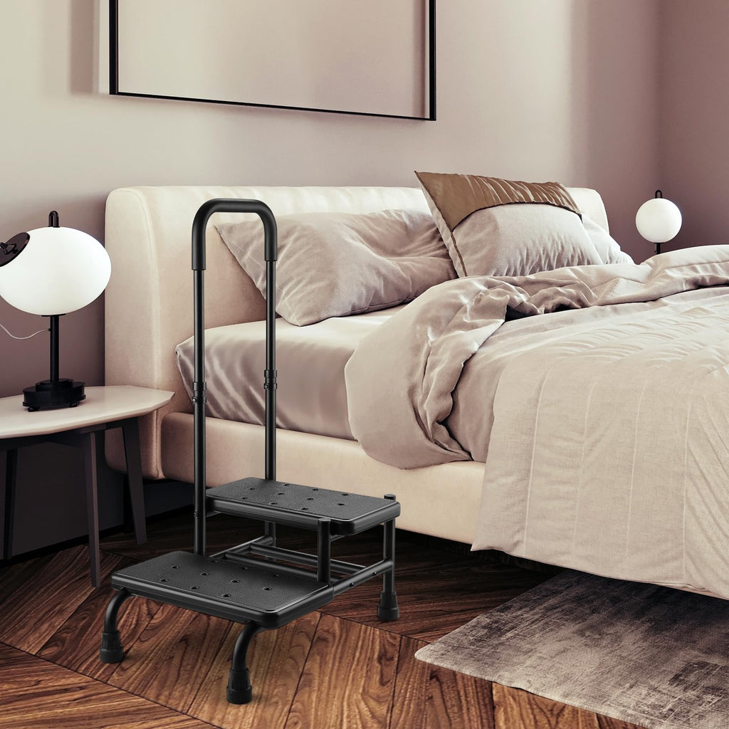 Step Stool with Handle, Non Slip Platform and Adjustable Handrail, 2 Step Stool for Seniors, Adults and Handicap, Heavy Duty Foot Stool for High beds, Kitchen, Bathtub, 350 lbs
