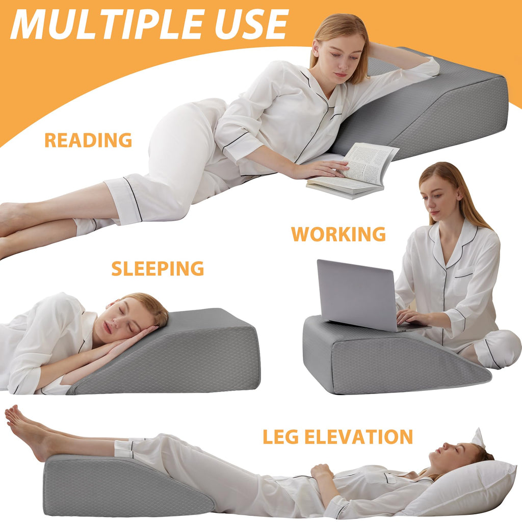 Bedluxe Leg Elevation Pillows, Leg Pillows for Sleeping, Cooling Gel Memory Foam Top, Wedge Pillow for Legs, Leg Wedges for Circulation, Swelling, After Surgery - Removable Cover (8 Inch, Grey)