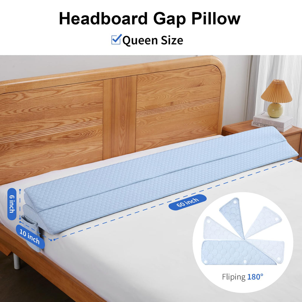 EUHAMS Queen Size Bed Wedge Pillow - Bed Gap Filler Mattress Wedge Headboard Pillow Close The Gap 0-7" Between Your Headboard and Mattress or Wall for Sleeping Backrest Pillow（Blue 60"x10"x6" ）