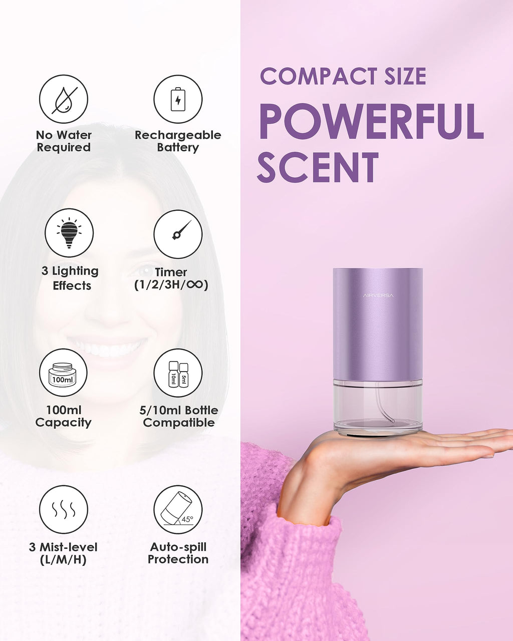 Airversa Waterless Diffuser for Essential Oil Nebulizer 𝟭𝟬𝟬𝗺𝗹 Capacity Battery Operated Aromatherapy Mini Scent Air Machine 1/2/3H/Continous 3 Mist Level 3 Lighting Effects(Scenta Lavender)