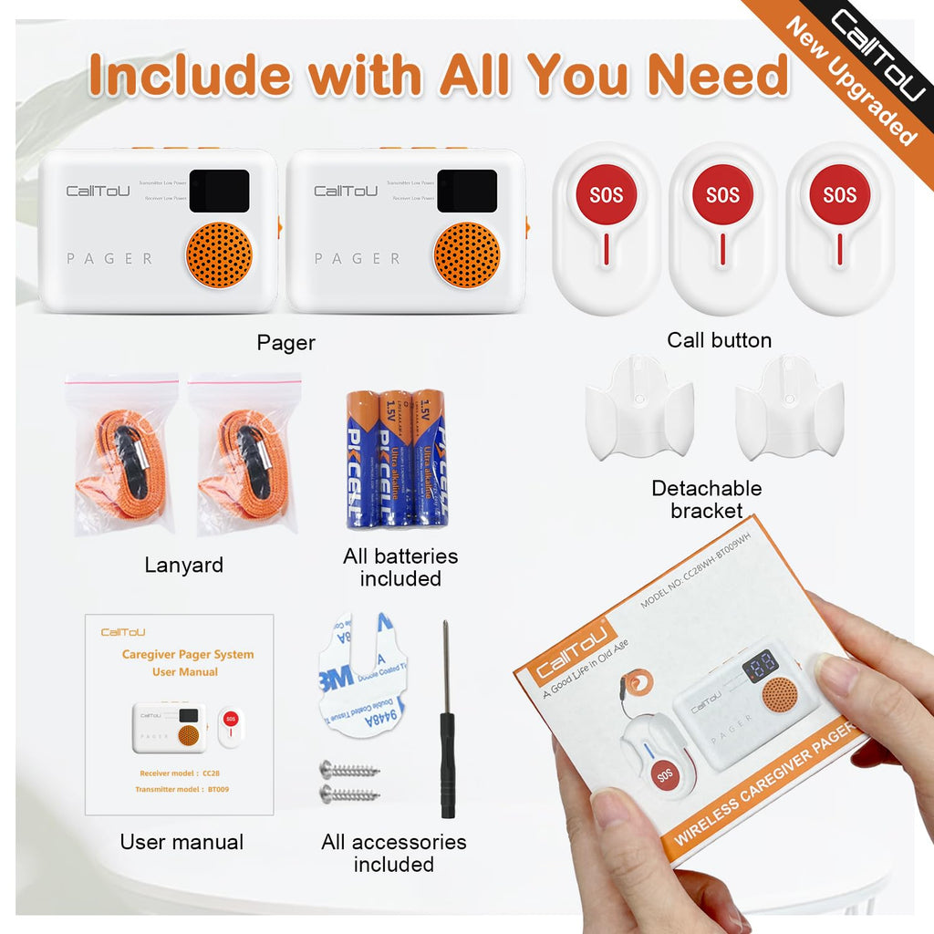 CallToU 1000FT Caregiver Pager Wireless Call Button Elderly Monitors with Vibration Digital Display Low Power Reminder, Nurse Alert Button Call Bell for Patients 2 Portable Receiver 3 SOS Call Button