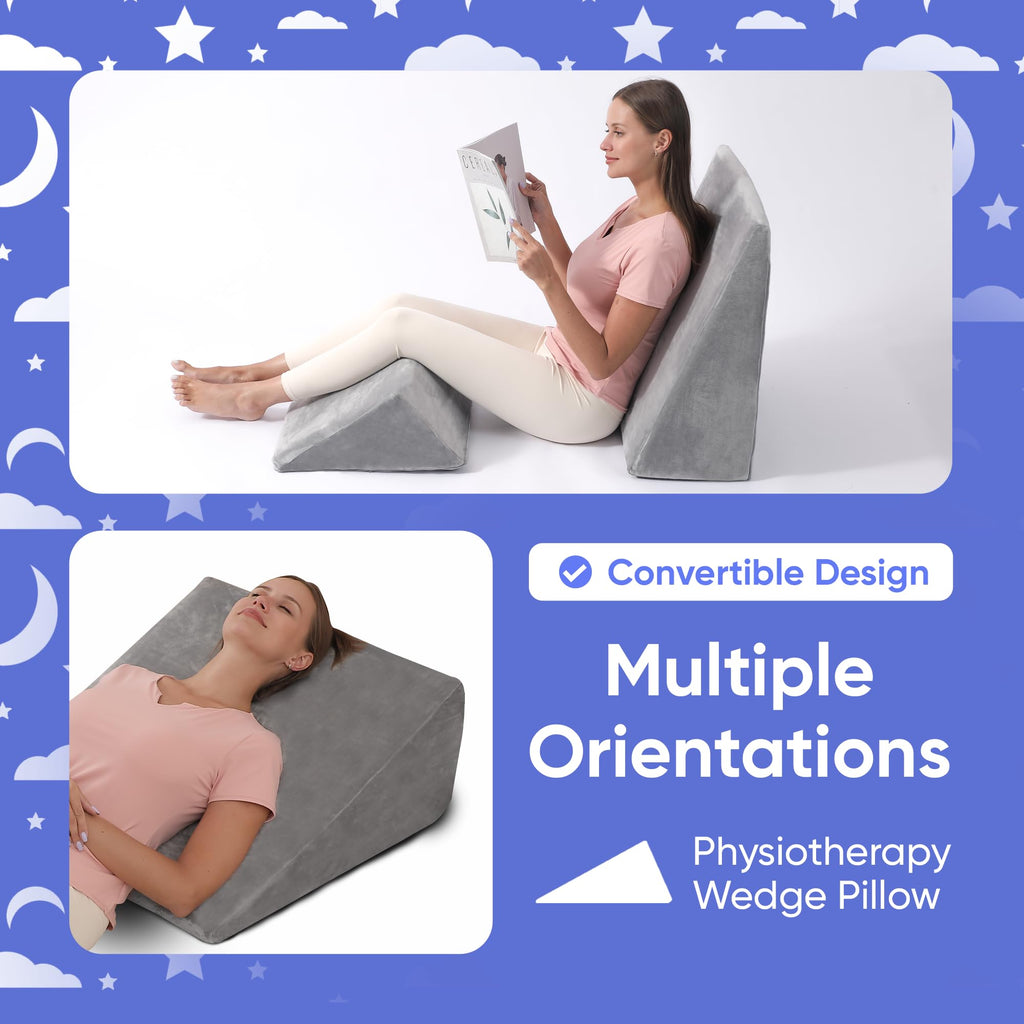 AllSett Health Bed Wedge Pillow – 2 Separate Memory Foam Incline Cushions, System for Legs, Knees and Back Support Pillow - Grey
