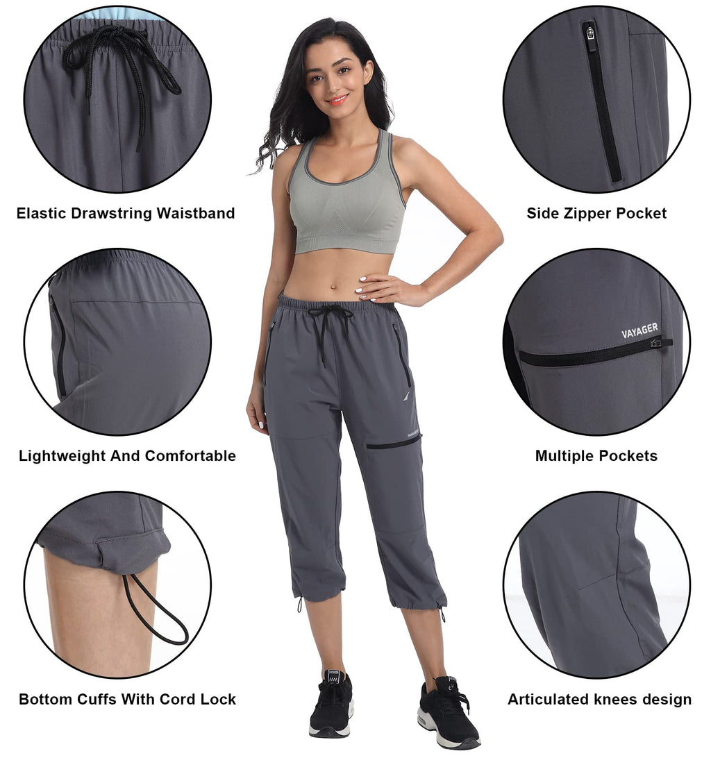 Sports Women's Outdoor Hiking Capri Pants Loose-Fit Lightweight with Zipper Pockets Grey