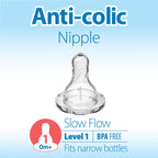 Dr. Brown's Natural Flow Anti-Colic Options+ Narrow Baby Bottle, 4 oz/120 mL, with Level 1 Slow Flow Nipple, 0m+, 4 Pack