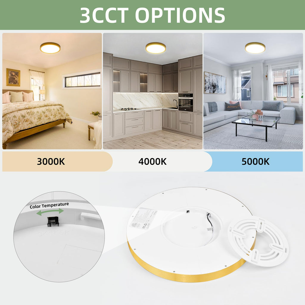 hykolity 12 Inch Selectable CCT LED Round Flat Panel Light, 24W 3000K/4000K/5000K, Edge-Lit Flush Mount Ceiling Light Fixture for Kitchen, Bedroom, Laundry and Closet Room，Gold