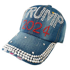 Gamusi Trump 2024 Baseball Cap Denim Distressed Bling Rhinestone Hat USA Flag Cap Adjustable Unisex (Trump 2024)