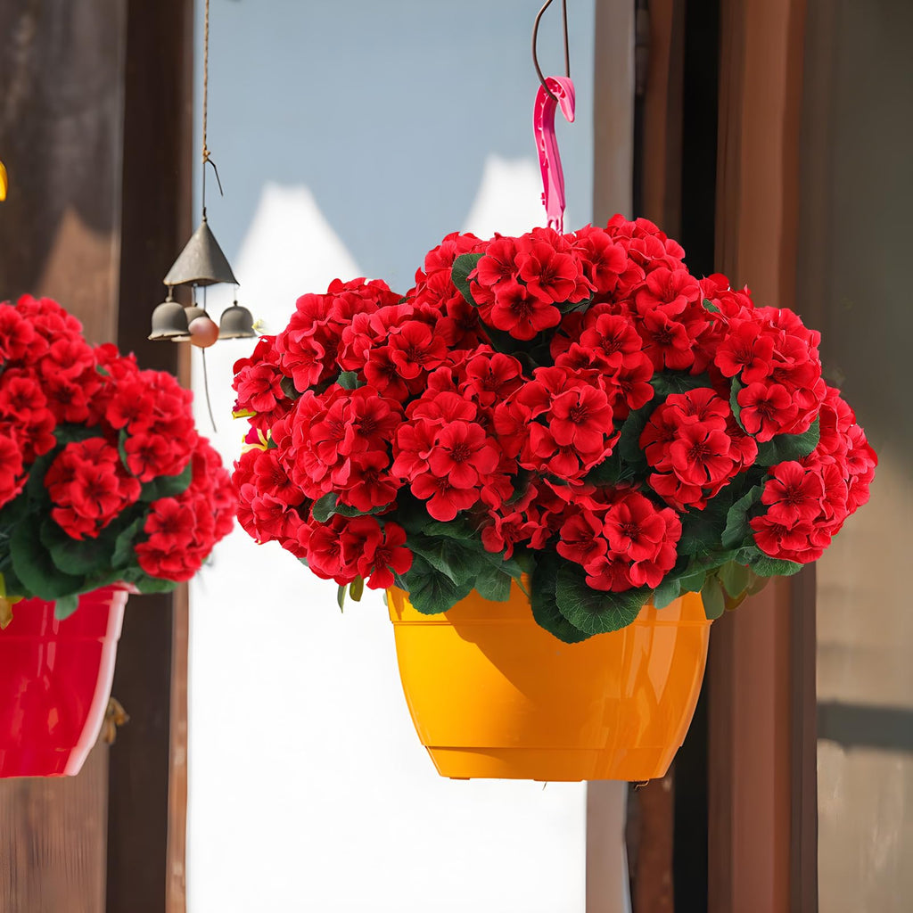 Hananona 6 Pcs Artificial Geranium Flowers for Outdoors Geranium Silk Red Flower Outdoor UV Resistant Garden Plants Faux Flowers for Christmas Home Kitchen Table Centerpieces Decor (6, Red)