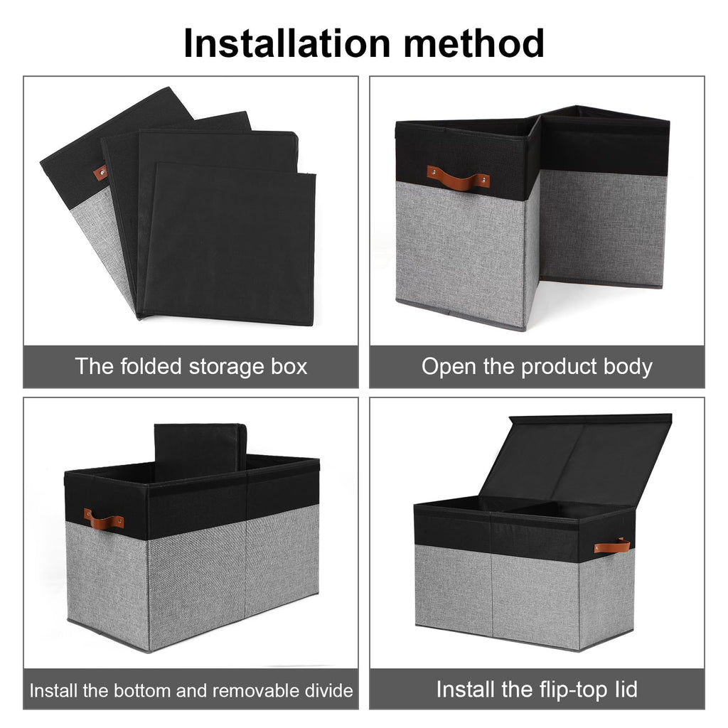 Gowee Large Toy Storage Box with Lid, Sturdy Toys Storage Chest Bin Organizer Basket with Dividers for Kids, Boys, Girls, Nursery, Closet, Bedroom, Playroom 25"x13" x16" (Black and Grey)
