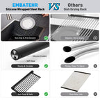 EMBATHER Roll Up Dish Drying Rack Over The Sink, 17.5'' x 11.2'' Dish Drying Rack for Kitchen Counter, Multipurpose Silicone Wrapped Foldable Kitchen Drainer Rack, Anti-Slip, Black