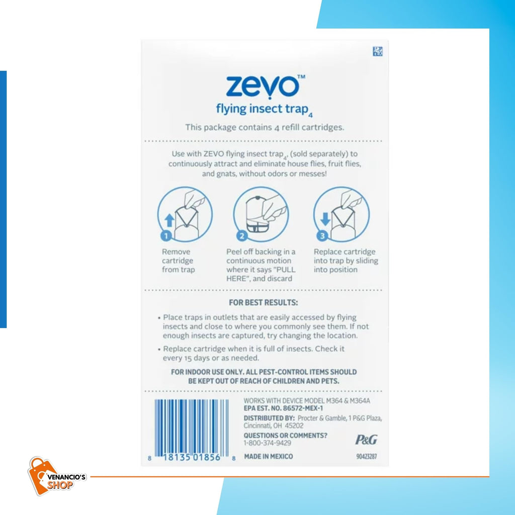 ZEVO Refills Cartridges | Device Sold Separately, White, ZEVO Flying Insect Trap Refill Fly Trap Refill Cartridges + Includes Exclusive Venancio’sFridge Sticker & Sticky Fruit Trap (Zevo 12 Refills)