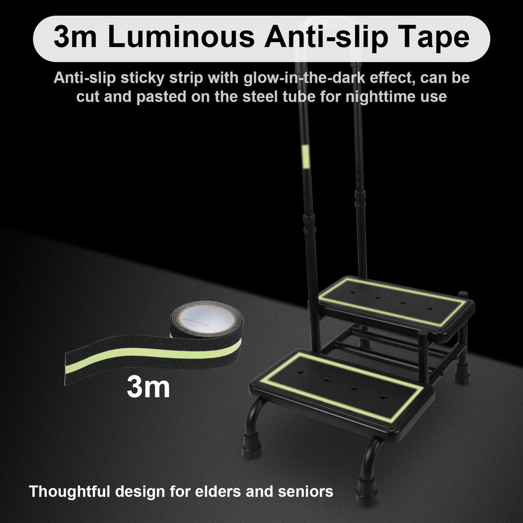 2 Step Stool with Handle for Elderly, Heavy Duty Step Stool with Handle, 4 Fixing Buckle and Adjustable Handrail, Bed Steps with a Hook for Adults Seniors Handicap, Hold up to 400LBS