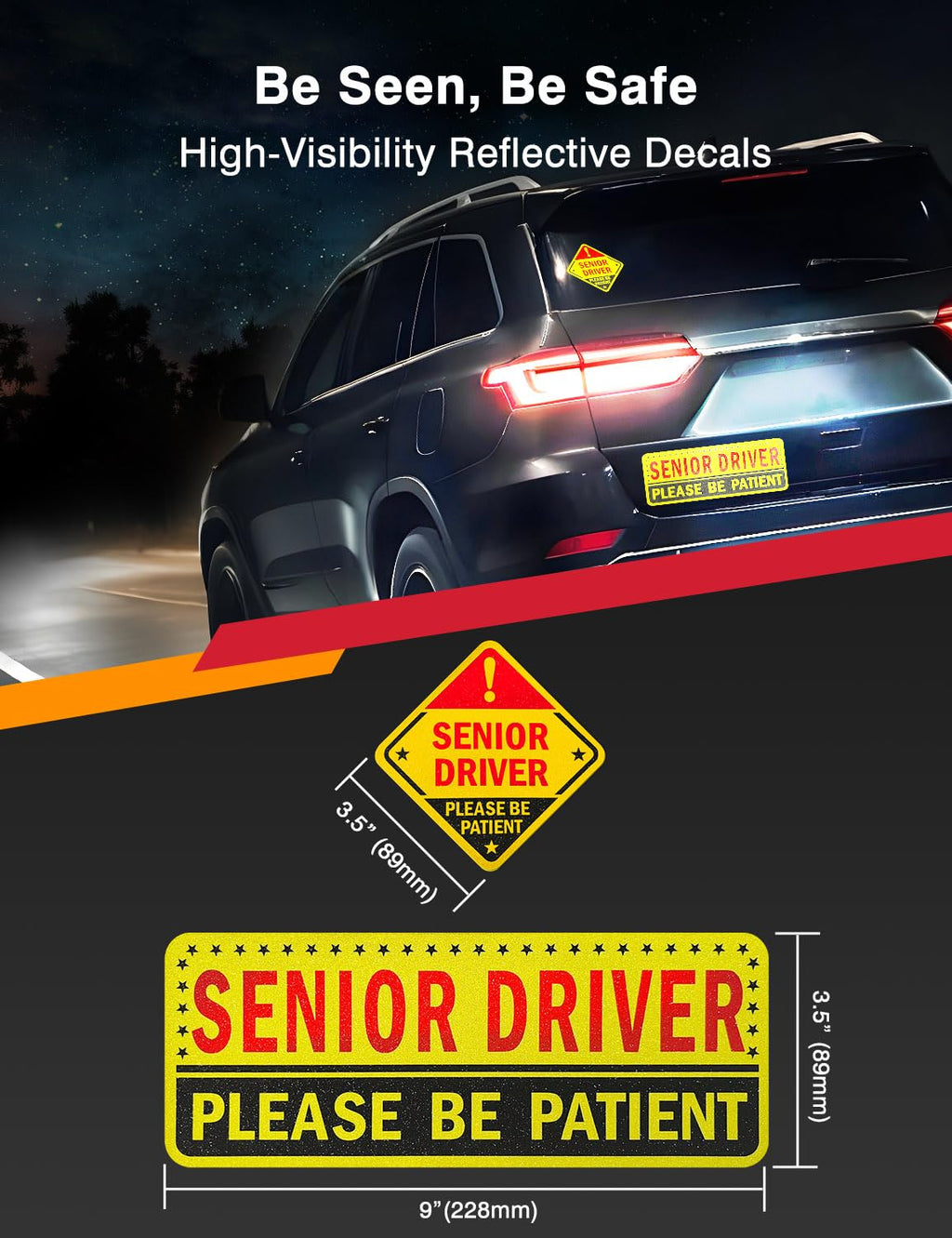 5-Pack Senior Driver Stickers (Non-Magnetic) – Promotes Road Safety for Elderly Drivers, Reusable, Reflective, Paint-Safe Decals for Car Bumper and Windows