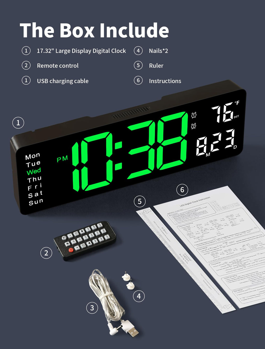 MASHI Digital Wall Clock, 17.3" Large Display Digital Clock with Remote Control, Auto-Dimming Wall Clock with Night Light, DST, Date Week,Temp for Living Room, Bedroom, Decor, Gift for Elderly