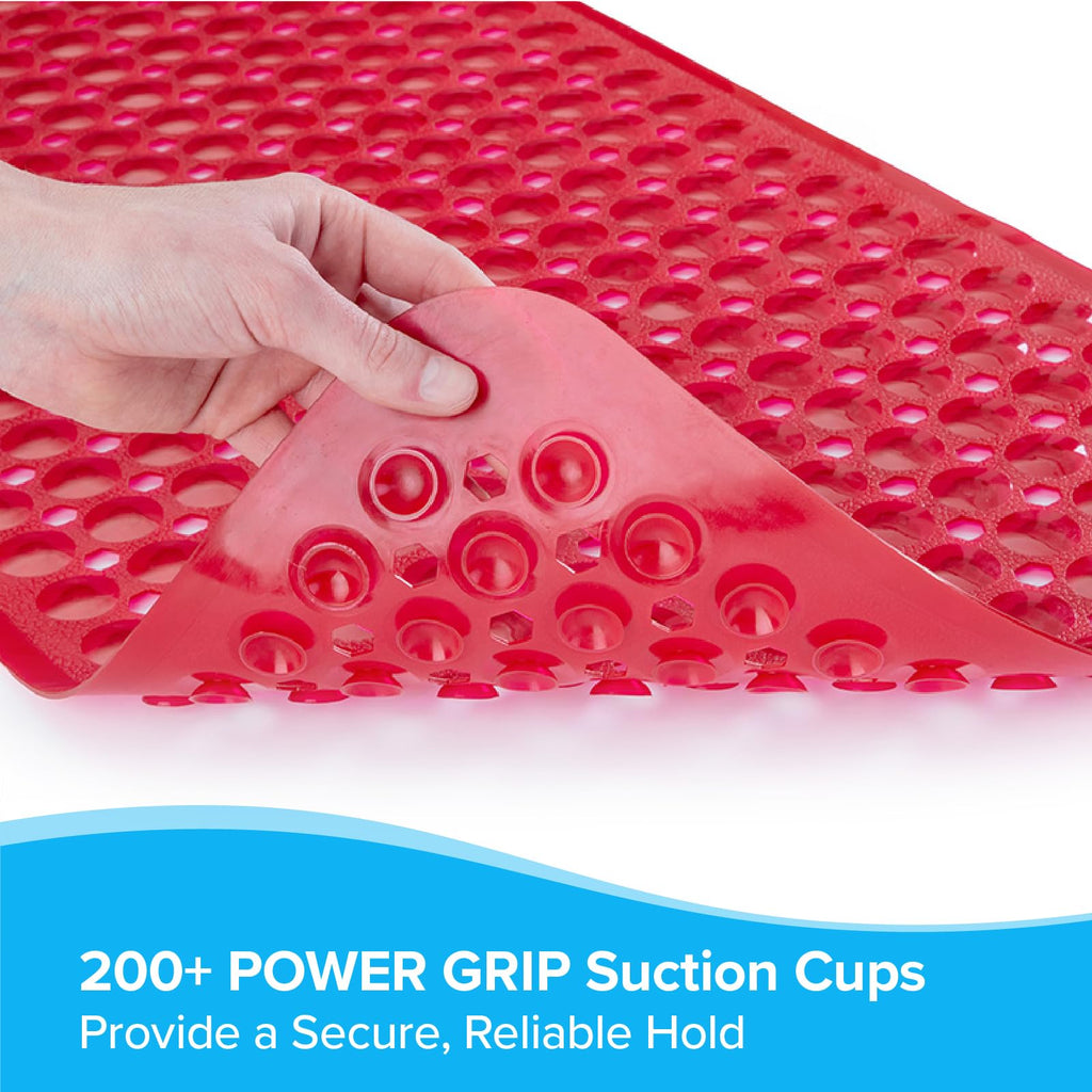 SlipX Solutions Power Grip Extra Long Bath Tub & Shower Mat 39x16, Wet Floor Non-Slip for Elderly & Kids Bathroom, 30% Longer Bathtub Mats, 200 Suction Cups, Drain Holes (1, Clear Red)