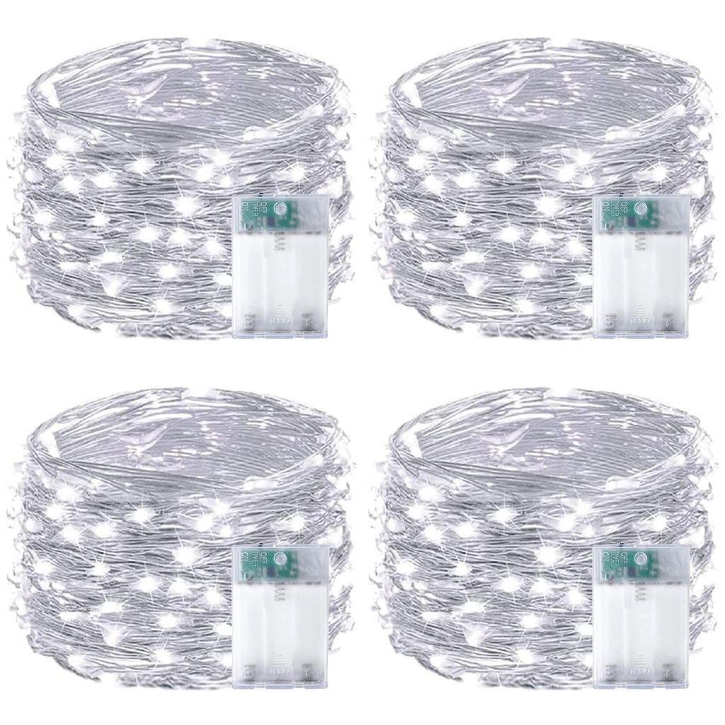 4-Pack White Fairy Lights Battery Operated with Timer, Waterproof 16FT 50 LED String Lights Outdoor Indoor, Twinkle Lights for Bedroom Home Wedding Birthday Christmas Parties Centerpiece (Cool White)