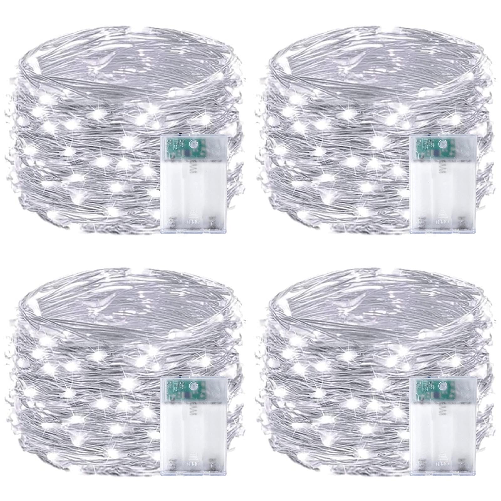 4-Pack White Fairy Lights Battery Operated with Timer, Waterproof 16FT 50 LED String Lights Outdoor Indoor, Twinkle Lights for Bedroom Home Wedding Birthday Christmas Parties Centerpiece (Cool White)