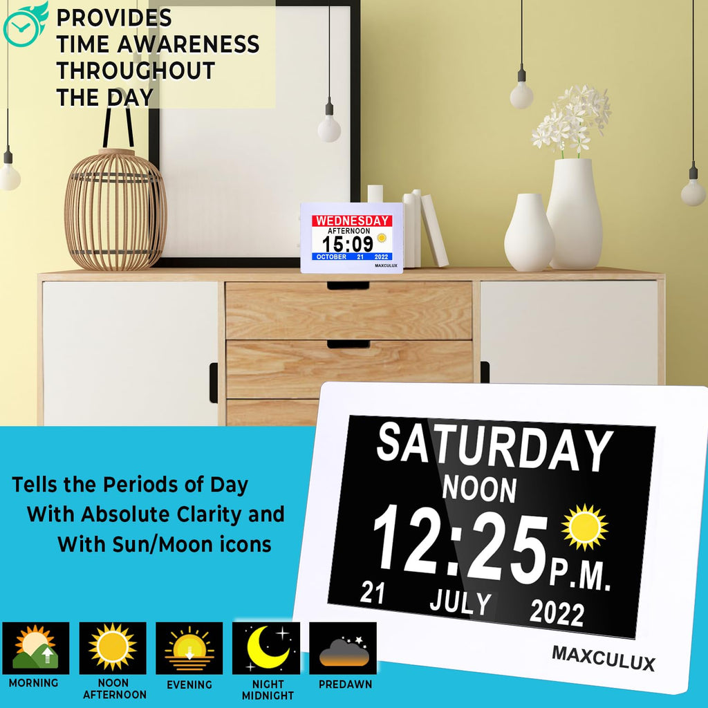 MAXCULUX 【Upgraded】 Digtal Clock with Day and Date for Seniors, Auto DST, 19 Alarms & Auto Dimmable, Non-Abbreviated Extra Large Clock for Elderly Dementia Alzheimers