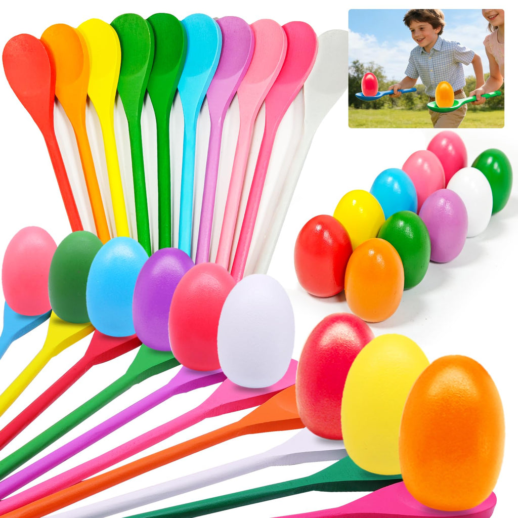 20 Pcs Easter Egg and Spoon Race Game Set, 10 Players Balance Relay Easter Games Include 10 Eggs and Wooden Spoons for Kids Family Carnival Sports Outdoor Games Holiday Birthday Party Supplies