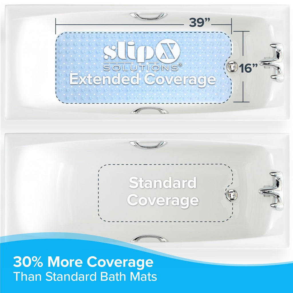 SlipX Solutions Power Grip Extra Long Bath Tub & Shower Mat 39x16, Wet Floor Non-Slip for Elderly & Kids Bathroom, 30% Longer Bathtub Mats, 200 Suction Cups, Drain Holes (1, Light Blue)