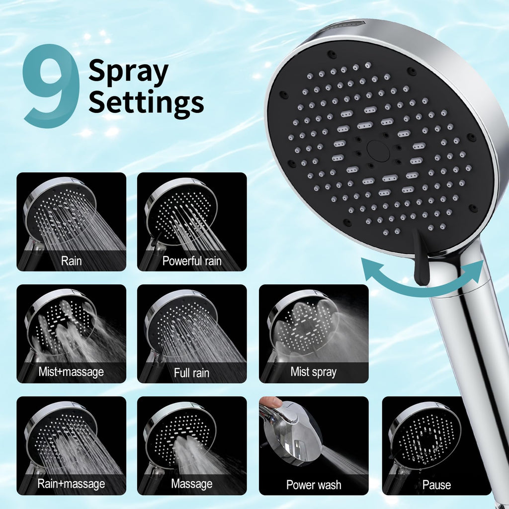 SR SUN RISE NSF Certified Filtered Shower Head with Handheld for Hard Water to Remove Chlorine High Pressure 9-Spray Setting (with Power Wash) Anti-Clog Nozzles (1 Filter, Chrome Silver)