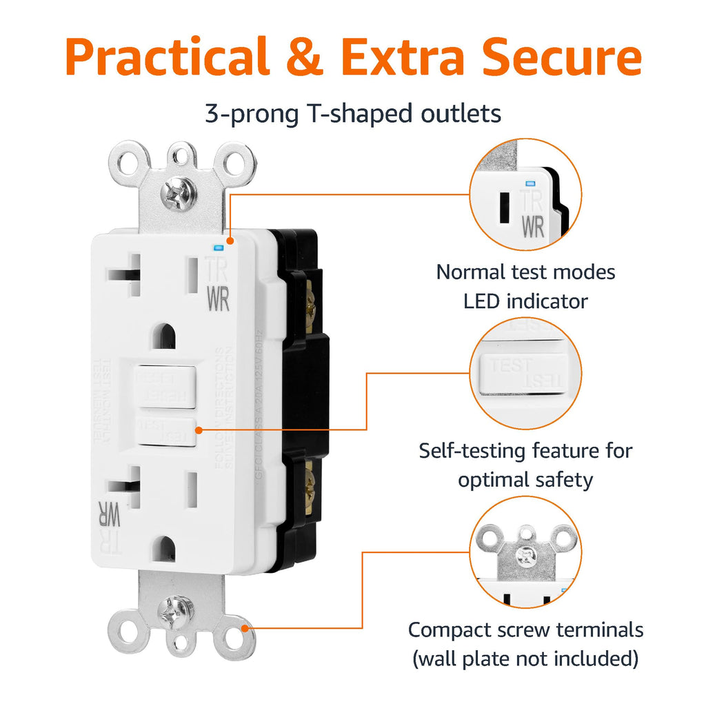 Amazon Basics Weather-Resistant Tamper-Resistant GFCI Receptacle with LED Indicator, Self-Test Feature, Ground Fault Circuit Interrupter for Indoor or Outdoor Use, 20 Amp, White