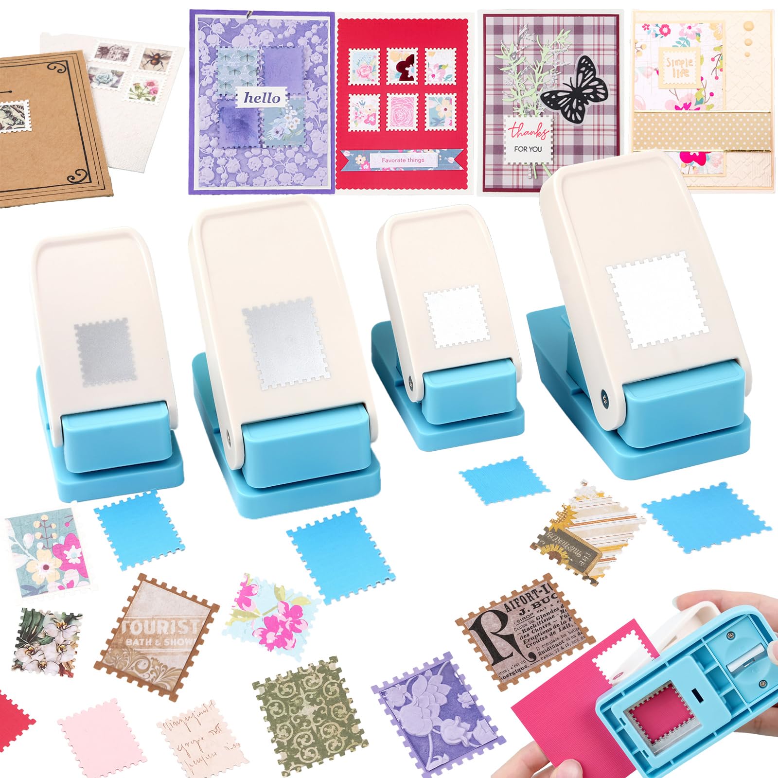 BAOFALI 4Pcs /Set Stamp Puncher Stamp Punch 1x0.8 &1.5 &1 &1.25x1.5inch Postage Stamp Punch |Stamp Hole Puncher| Action Paper Punches for Crafting Scrapbooking DIY Scrapbooking Journaling Card Making