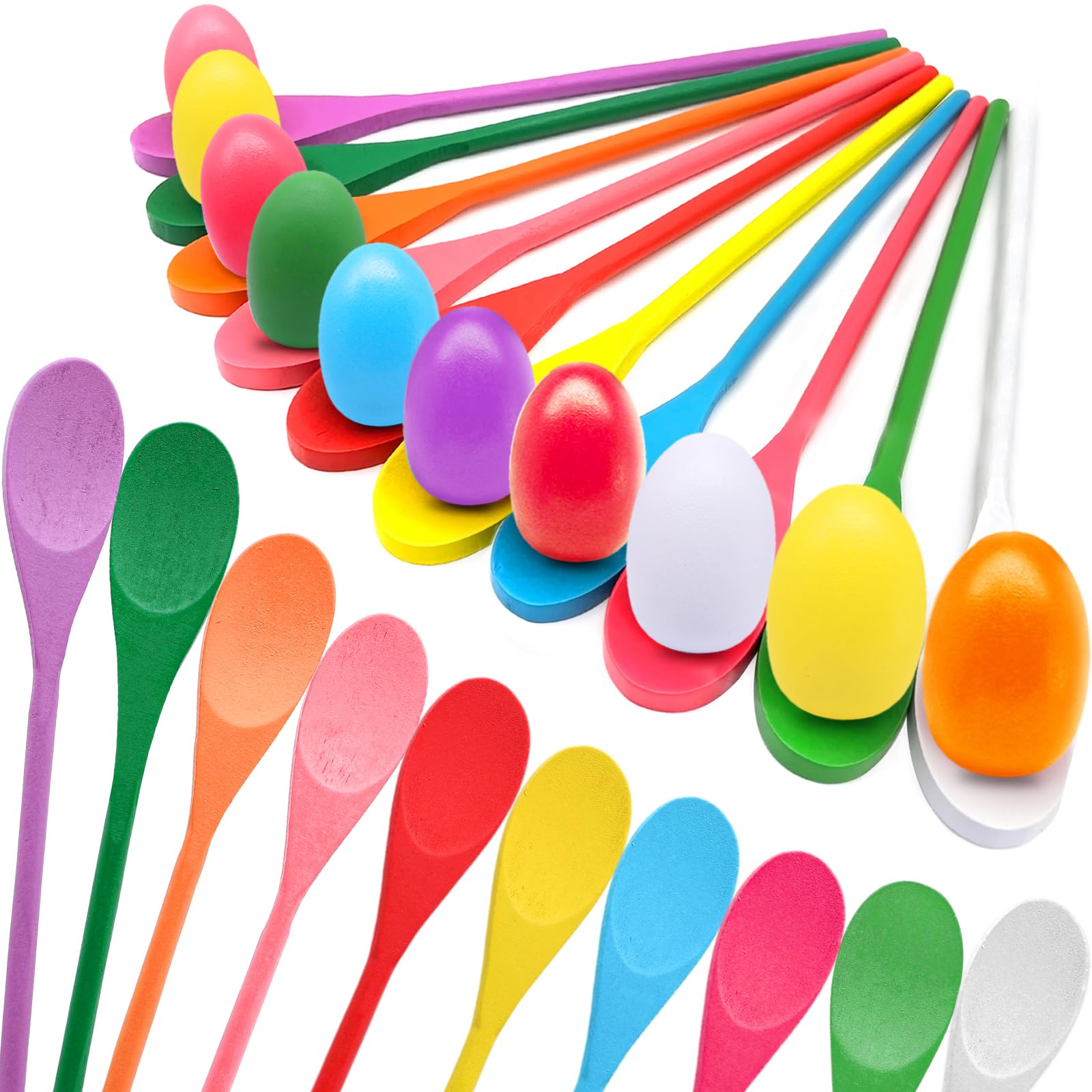 20 Pcs Easter Egg and Spoon Race Game Set, 10 Players Balance Relay Easter Games Include 10 Eggs and Wooden Spoons for Kids Family Carnival Sports Outdoor Games Holiday Birthday Party Supplies