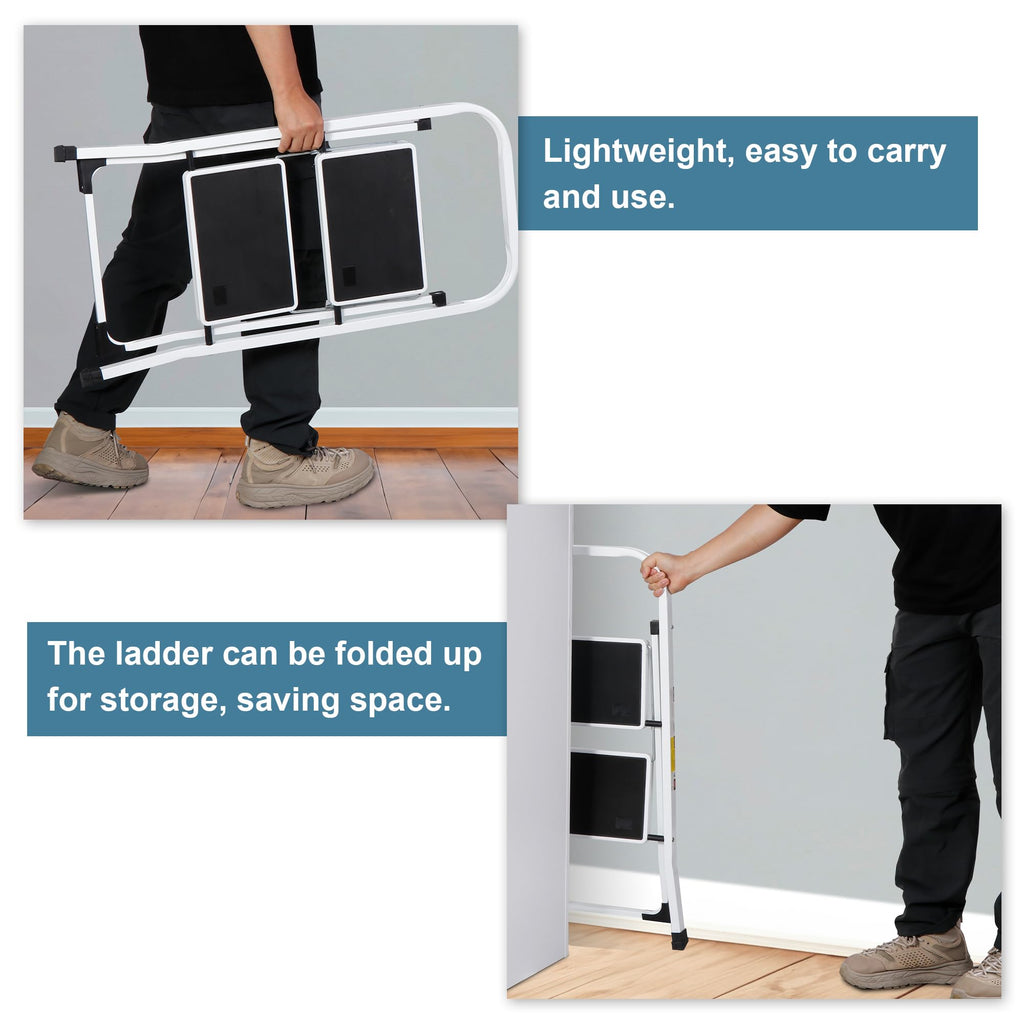 JungleA 2 Step Ladder Folding Step Stool,Small Foldable Home Step Stool for Kids Adults,Wide Anti-Slip Pedal,350 lbs Load Capacity,Lightweight Portable White Step Stool Ladder for Bed,Closet,Kitchen