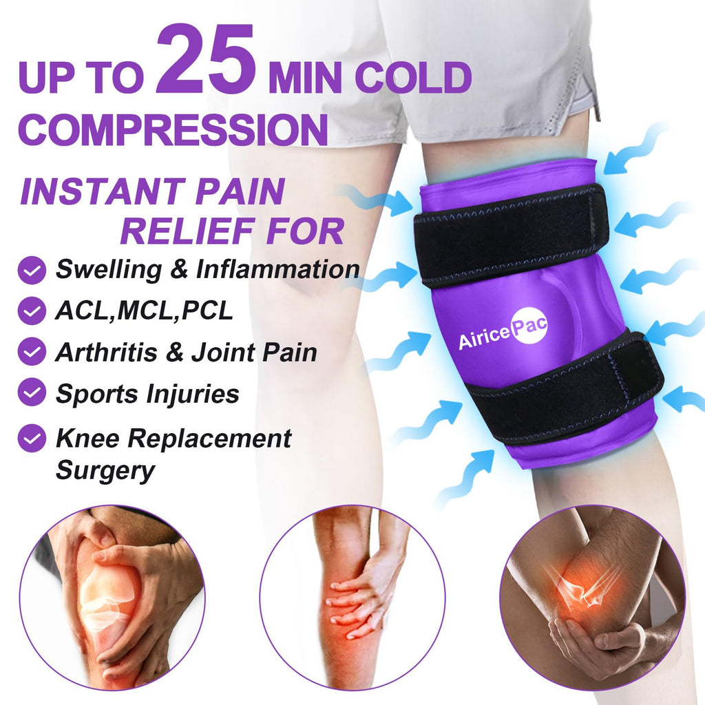 AiricePac Ice Pack for Knee Pain Relief, Reusable Gel Ice Wrap for Injuries, Swelling, Knee Replacement Surgery, Cold Compress Therapy for Arthritis, Meniscus Tear and ACL, Purple