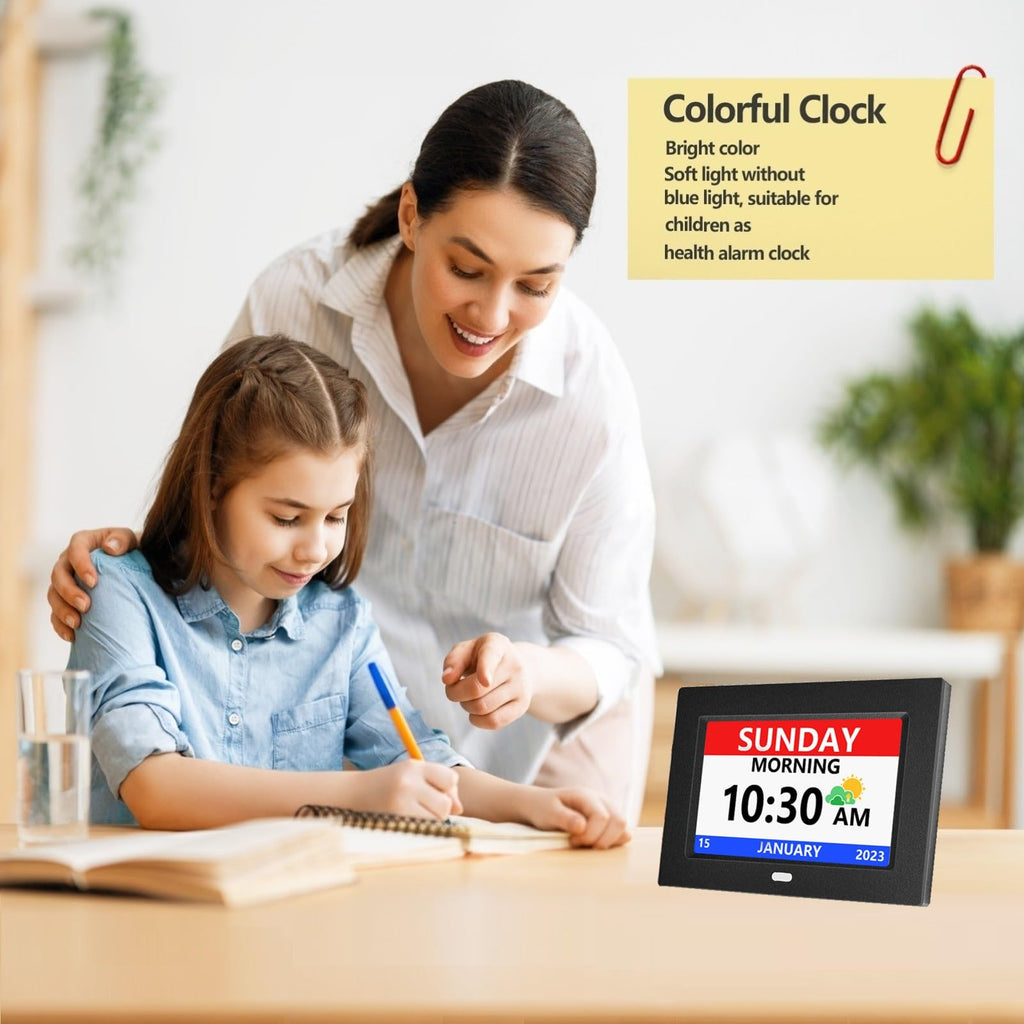 MRCHYDZ 7 Inch Clock with Day and Date for Elderly Large Display Digital Clock 12 Alarms 3 Medicine Reminders Large Font Dementia Clocks Alarm Clock for Seniors Day Clock Black