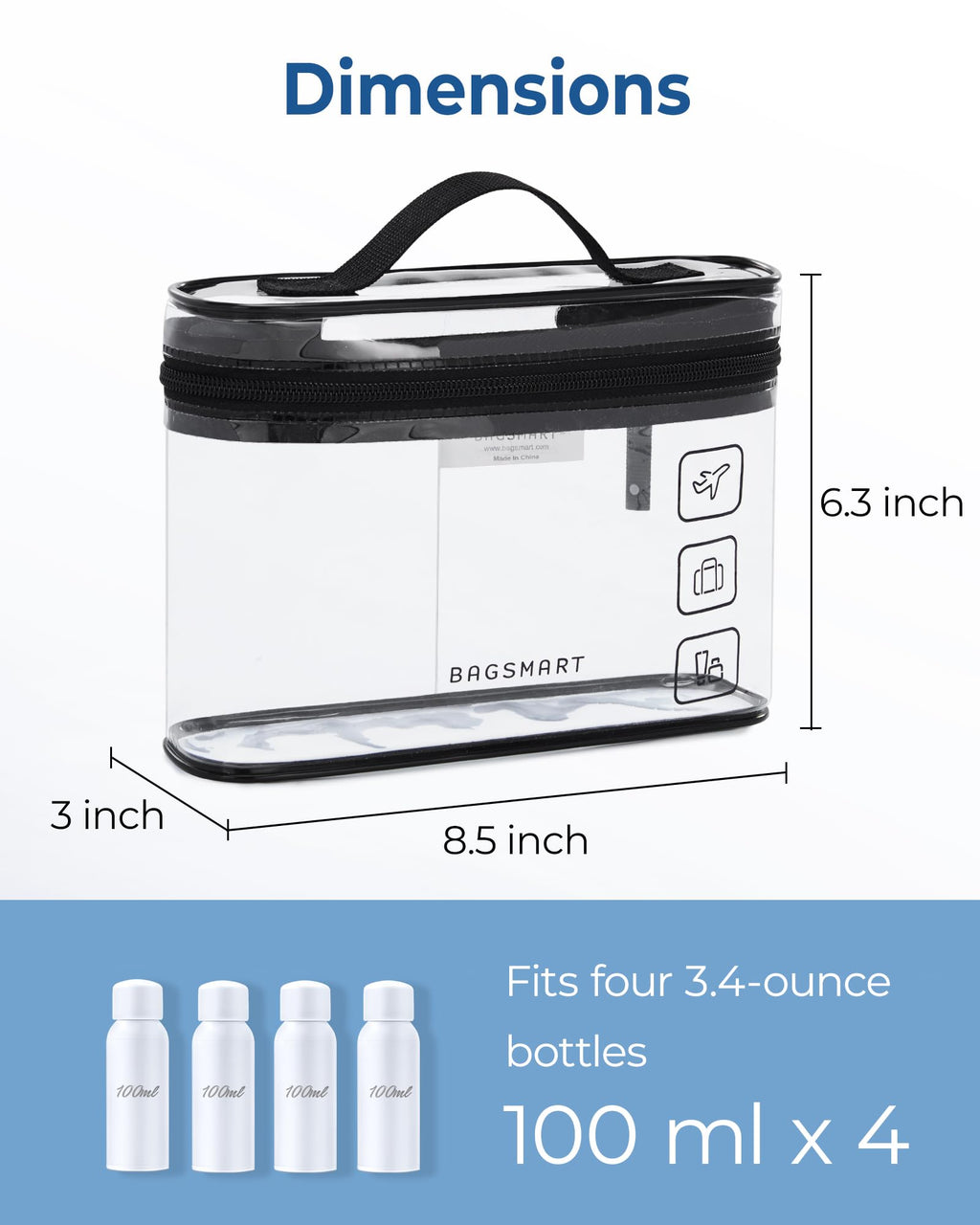TSA Approved Toiletry Bag, 2 Pack Clear Makeup Cosmetic Bag Organizer, Quart Size Travel Bag for Toiletries, Carry-on Travel Accessories Essentials, Black-2pcs