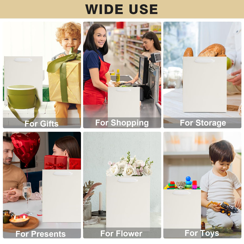 12 Pack White Gift Bags with Handles, Gift Bags Medium Size with Tissue Paper, White Paper Bags for Shopping, Small Business, Bridal Party, Wedding, Christmas and Holiday (10.6” x3.5” x8.3”)