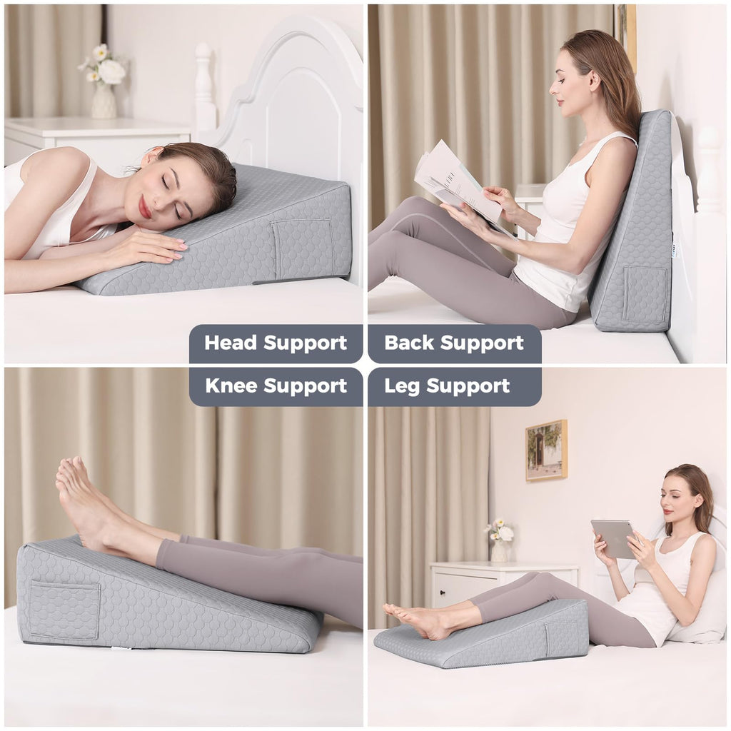 Bed Wedge Pillow for Sleeping 7.5" Memory Foam Wedge Pillow for After Surgery Triangle Pillow Wedge for Acid Reflux Snoring Heartburn GERD Back Support Leg Elevation, Removable Washable Cover - Gray