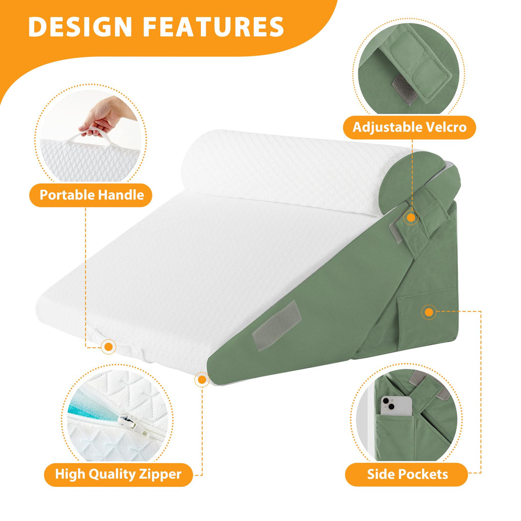 Ruqmuis 3PCS Wedge Pillow Set for After Surgery, Wedge Pillow Headboard, Adjustable 9&12 Inch Bed Pillow Wedge for Sleeping, Acid Reflux, Orthopedic Pillow Wedge for Back Pain Relief, Gerd, Green