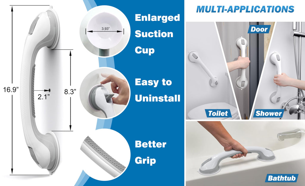 Grab Bars for Shower Heavy-Duty 16-Inch ADA Shower Grab Bars for Seniors Shower Handles for Elderly Suction Handicap Grab Bars Safety Handrail for Disabled for Bathroom Bathtubs Showers Wall Toilet