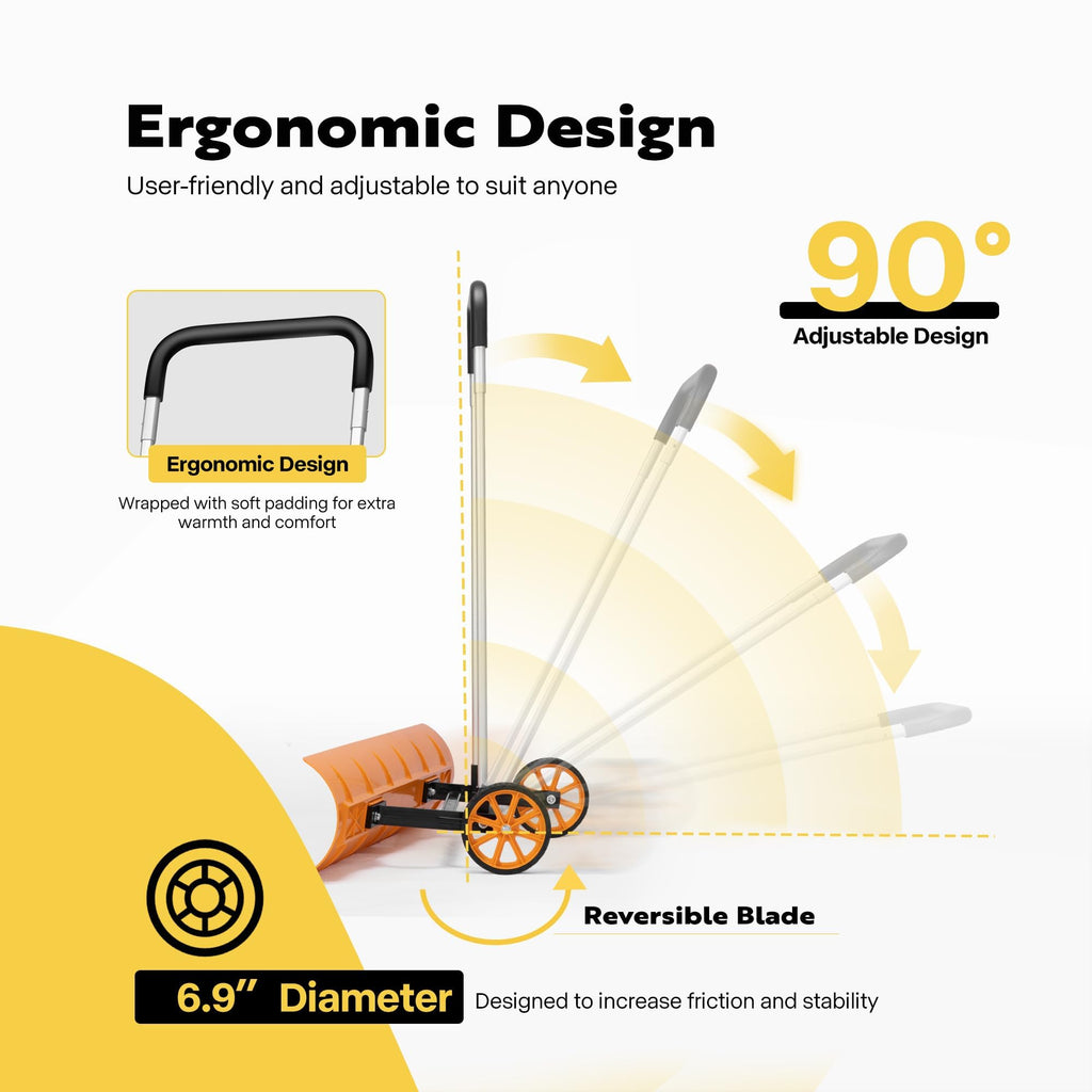 VIVOHOME 37 Inch Plastic Snow Plow Pusher Shovel with Wheels, Bi-Direction Snow Removal Tool with Adjustable Handle and Angled Blade for Doorway Sidewalk Driveway Deck, Yellow