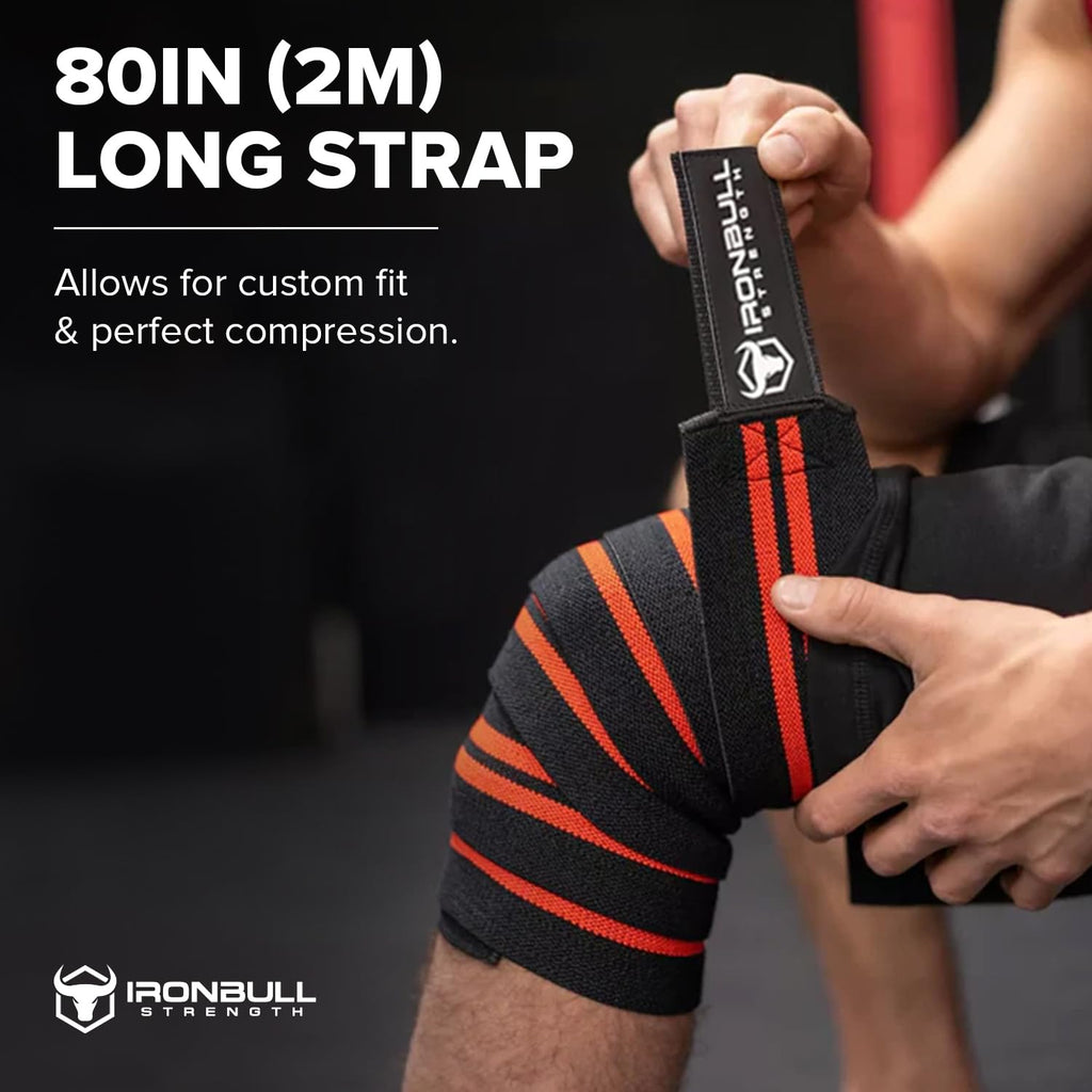 Iron Bull Strength Knee Wraps (1 Pair) - 80" Elastic Knee and Elbow Support & Compression - For Weightlifting, Powerlifting, Fitness, WODs & Gym Workout - Knee Straps for Squats (Black/Red)