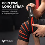 Iron Bull Strength Knee Wraps (1 Pair) - 80" Elastic Knee and Elbow Support & Compression - For Weightlifting, Powerlifting, Fitness, WODs & Gym Workout - Knee Straps for Squats (Black/Red)