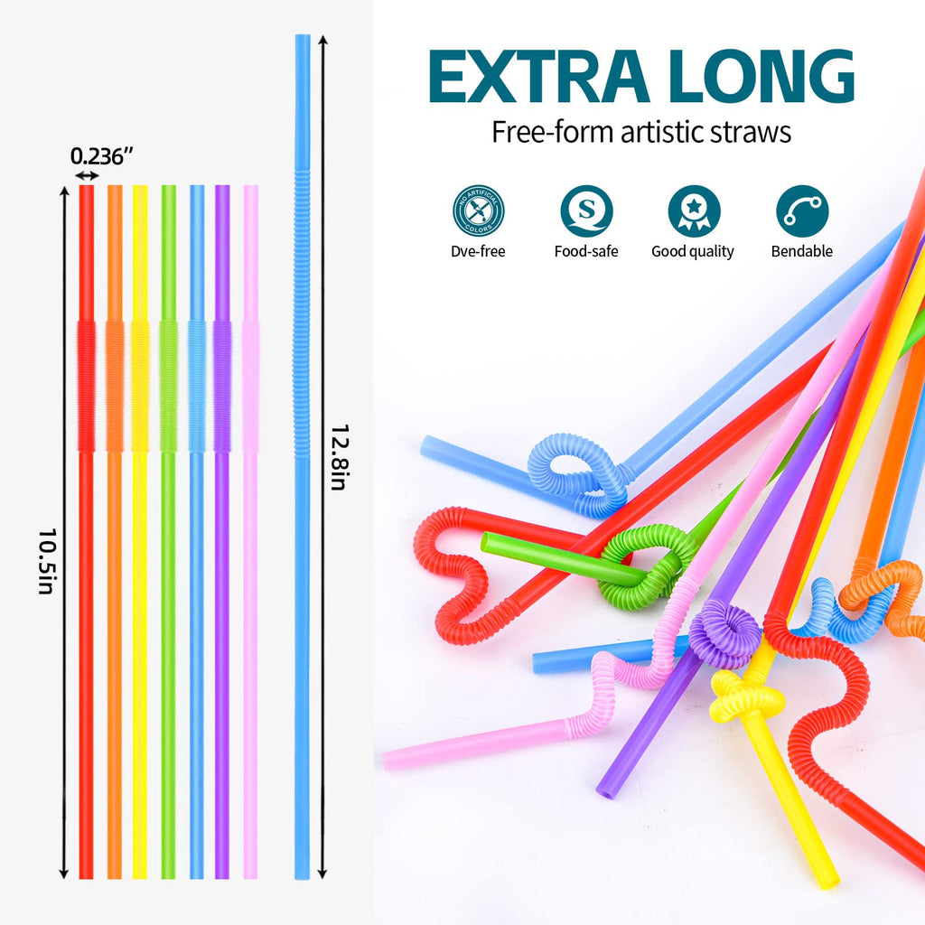 200PCS Flexible Plastic Straws, Colorful Disposable Bendy Party Fancy Straws12.8inch Extra Long Straws Party Decorations