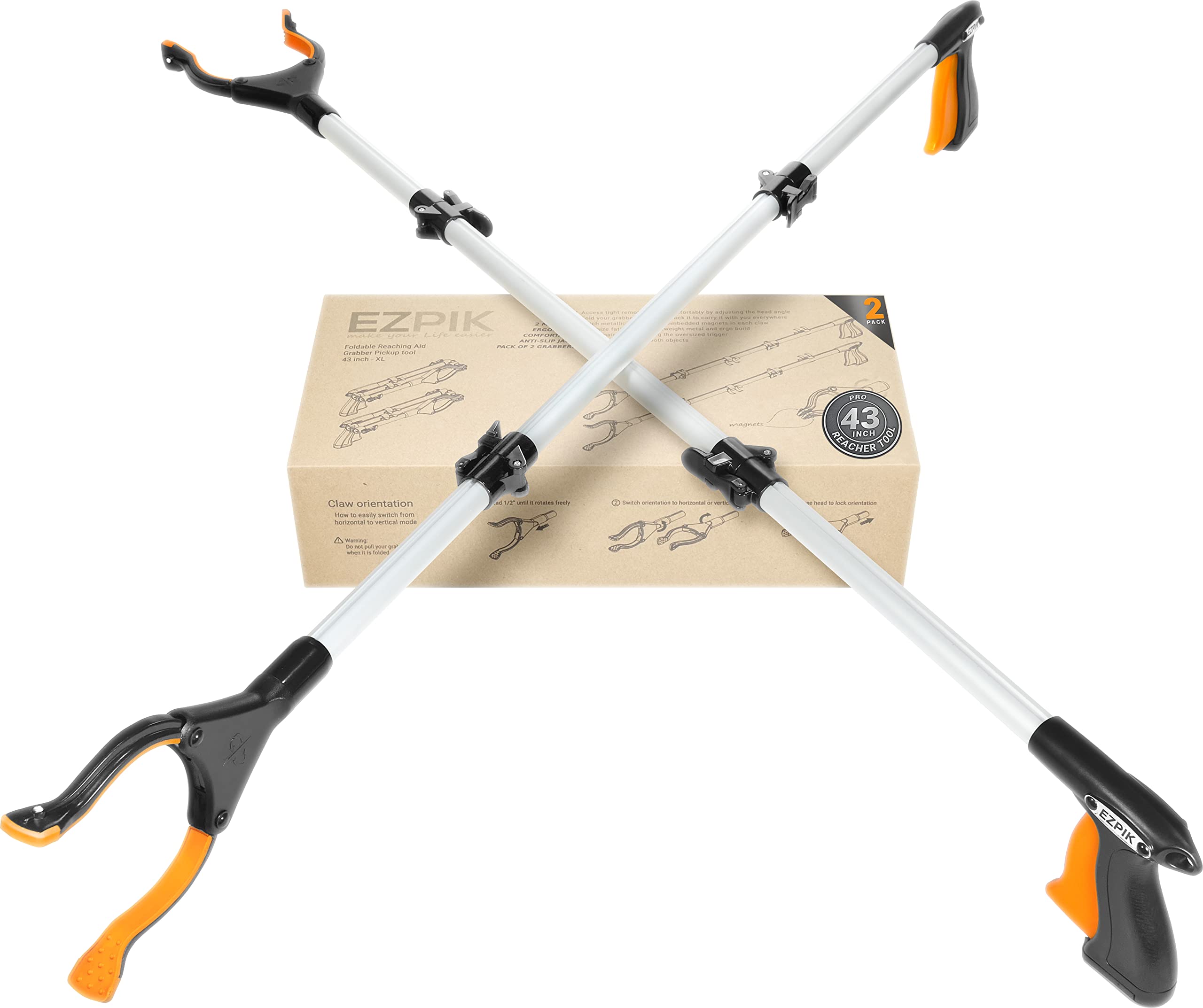 EZPIK 43" Foldable Grabber Reacher Tool for Seniors - Grabbers for Elderly Grab It Reaching Tool Heavy Duty Pickup Trash Picker Upper Tool - Claw Grabber Stick for Reaching Aids, Weed Gripper 2-Pack