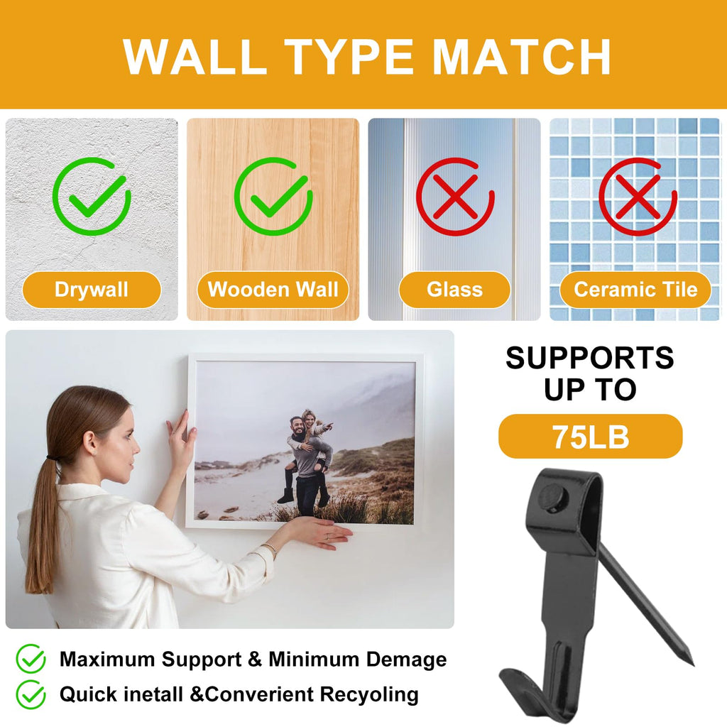 Picture Hangers, 385Pcs Picture Hanging Kit with Heavy Duty Picture Hanging Hooks, Sawtooth, Hardware Nails and Picture Hanging Tool, Wall Hangers for Frame, Painting, Art, Photo (Black)