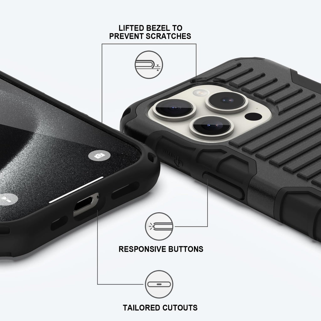 E-Tree for iPhone 15 Pro Max Case, with Crossbody Strap and Stand, Protective Shockproof Hard Phone Case Black, Perfect for Go Outside and Kid Elderly