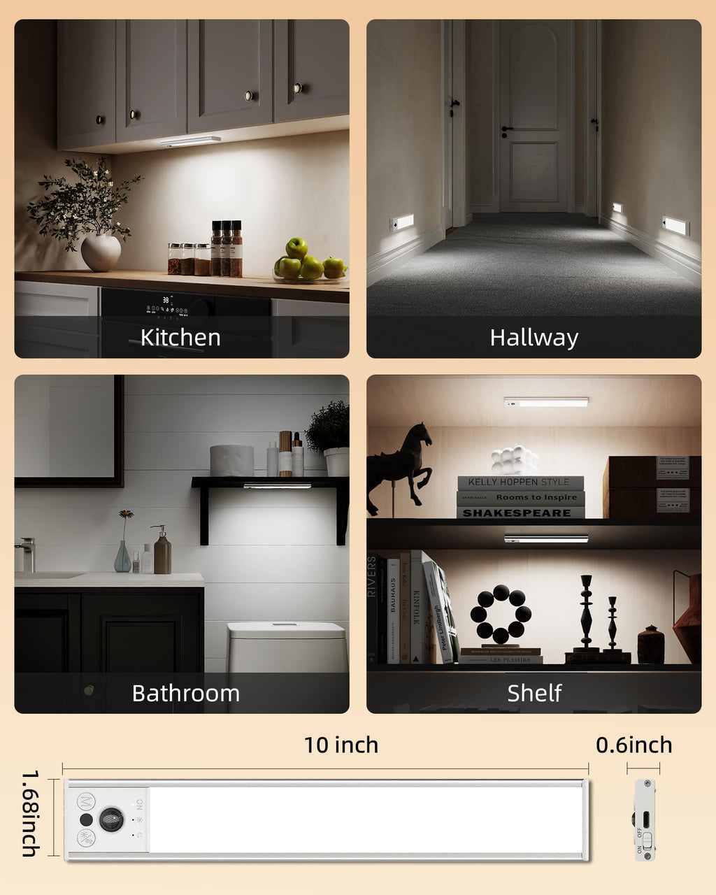 10inch Under Cabinet Lighting, LED Motion Sensor Light Indoor, 2400mAh USB Rechargeable Closet Lights, Dimmable & Magnetic Wireless Under Counter Lights for Kitchen, Pantry, Stairs (2 Pack)