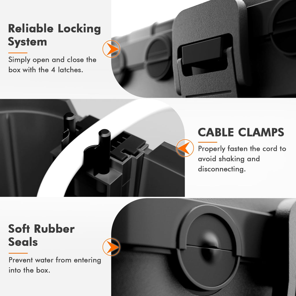 RESTMO IP54 Extra Large Outdoor Box w/ 6 Cable Seal Entry, Bundle w/ 4 Small Weatherproof Extension Cord Safety Cover, Protect Power Strip, Timer Outlet Plug, Christmas Decoration, Black.