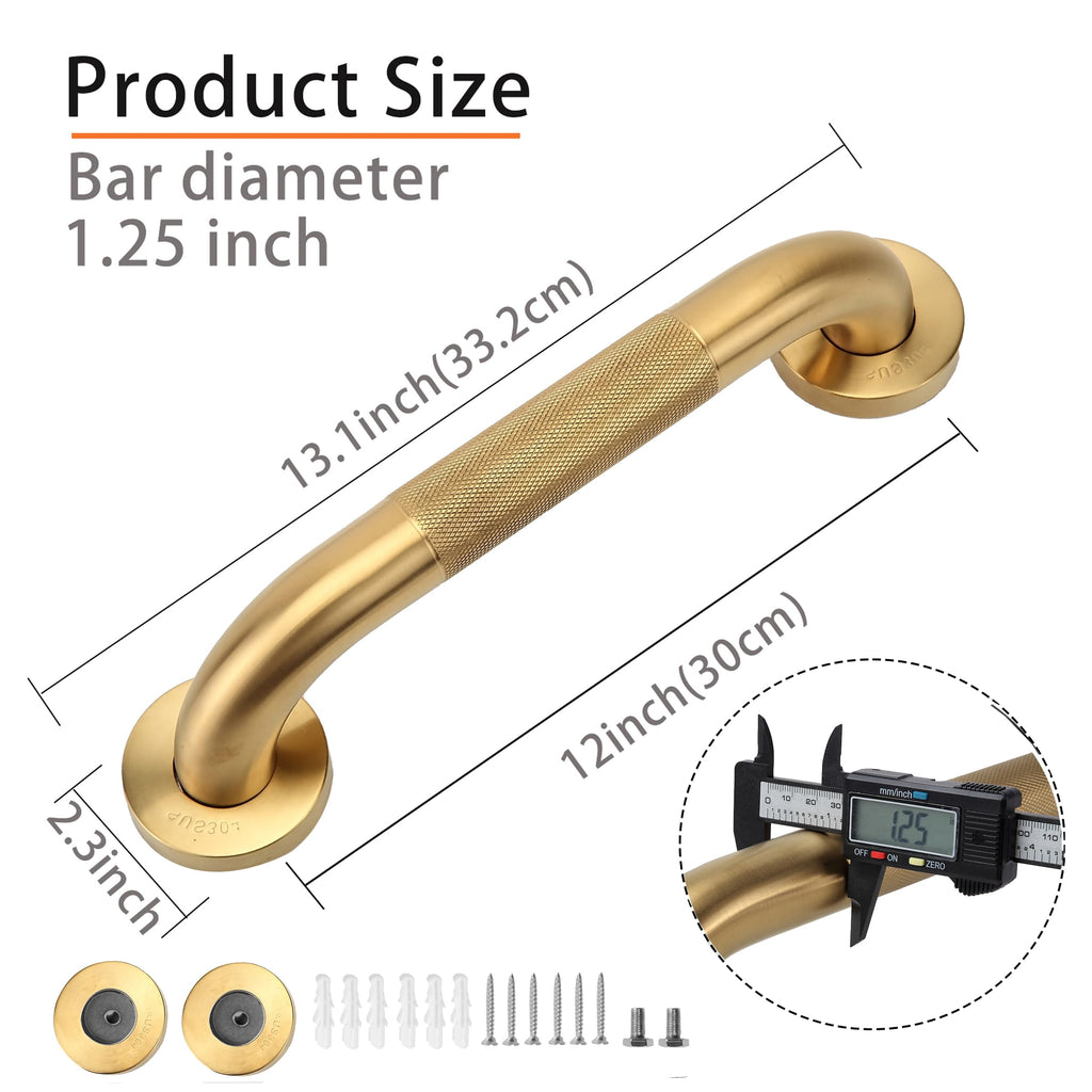Rackickyer Shower Grab Bar, 2 Pack 12 Inch Gold Bathroom Grab Bar, 1.25" Diameter 304 Stainless Steel Anti-Slip Grab Bars for Bathtubs and Showers, Handicap Shower Grab Bar for Seniors Elderly