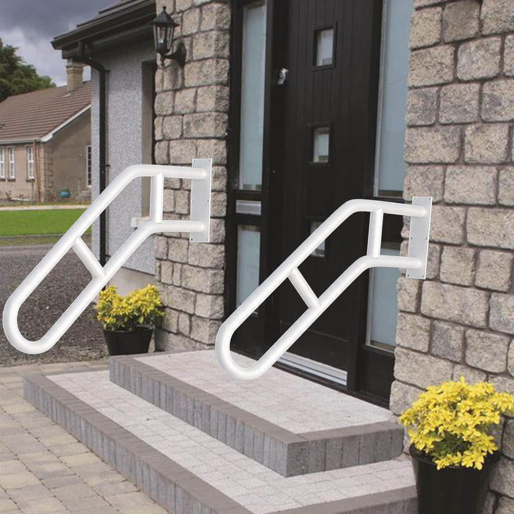 2 Pack Handrails for Outdoor Steps, Upgraded 27" Bent White Stair Handrails for Indoor or Outdoor, Wall Mounted Hand Stair Railings with Anti-Skid Crossbar, Safety for Elderly, Kids, Disabled